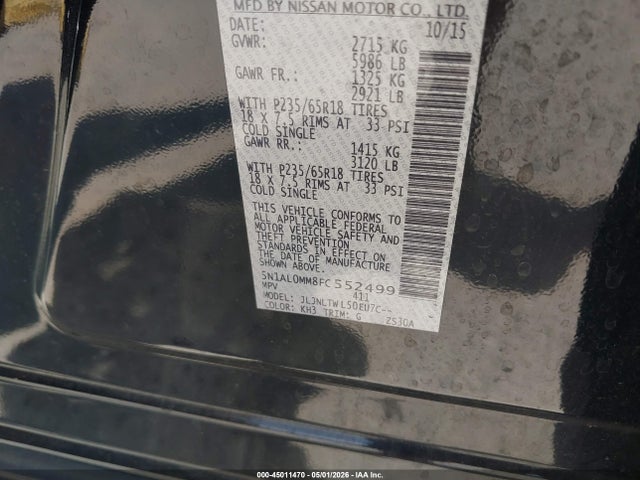45011470 :رقم المزاد ، 5N1AL0MM8FC552499 vin ، 2015 Infiniti Qx60 مزاد بيع