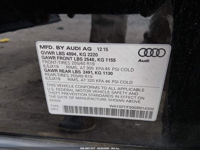 45011477 :رقم المزاد ، WA1GFCFS0GR014309 vin ، 2016 Audi Q3 2.0t Premium Plus مزاد بيع