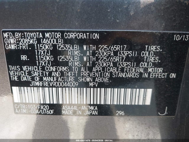 45011478 :رقم المزاد ، JTMRFREV9DD044009 vin ، 2013 Toyota Rav4 Xle مزاد بيع