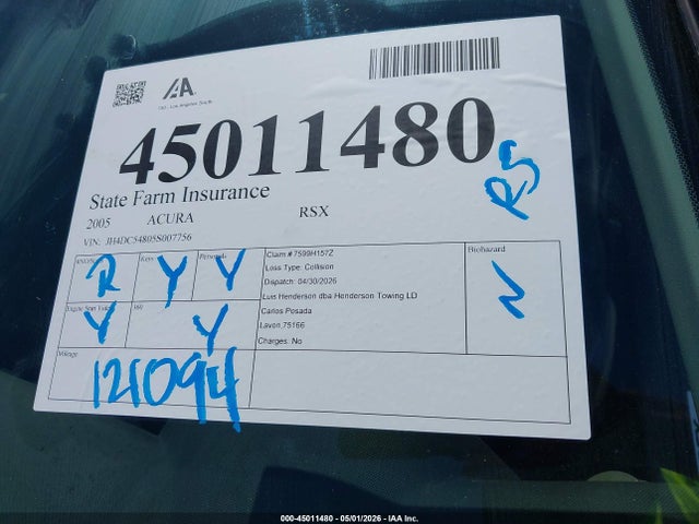 Aukcja sprzedaży 2005 Acura Rsx, vin: JH4DC54805S007756, numer aukcji: 45011480