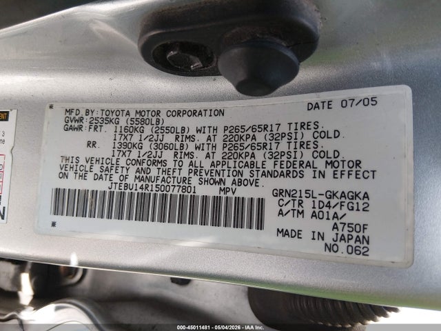 2005 Toyota 4runner Sr5 V6 მანქანა იყიდება აუქციონზე, vin: JTEBU14R150077801, აუქციონის ნომერი: 45011481