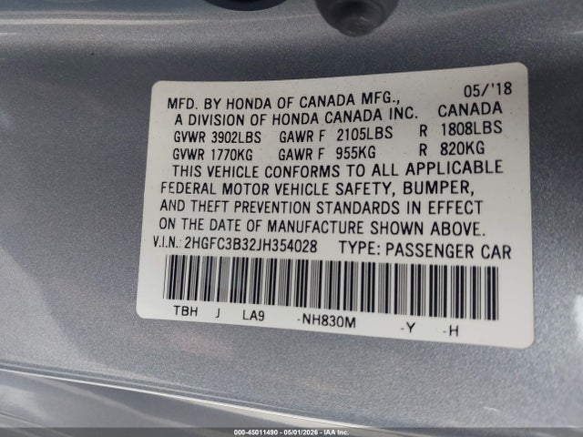 Aukcja sprzedaży 2018 Honda Civic Ex-t, vin: 2HGFC3B32JH354028, numer aukcji: 45011490