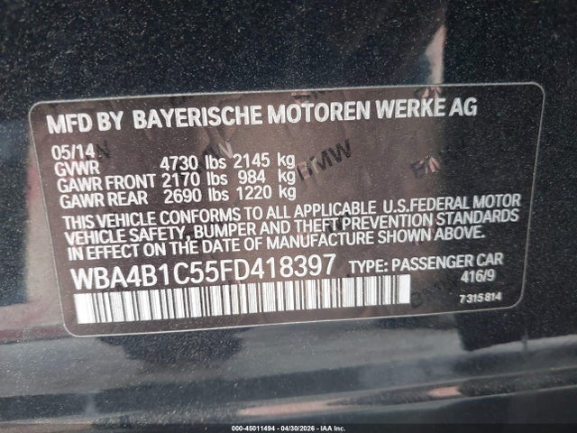 Продаж на аукціоні авто 2015 Bmw 435i Gran Coupe, vin: WBA4B1C55FD418397, номер лоту: 45011494