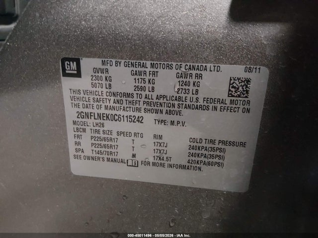 2012 Chevrolet Equinox 2lt მანქანა იყიდება აუქციონზე, vin: 2GNFLNEK0C6115242, აუქციონის ნომერი: 45011496