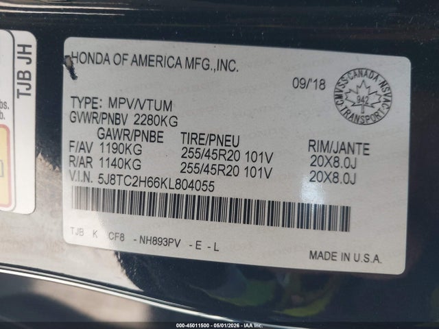 Продажа на аукционе авто 2019 Acura Rdx A-spec Package, vin: 5J8TC2H66KL804055, номер лота: 45011500