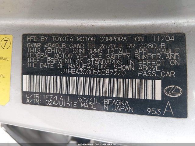 Продаж на аукціоні авто 2005 Lexus Es 330, vin: JTHBA30G055087220, номер лоту: 45011501
