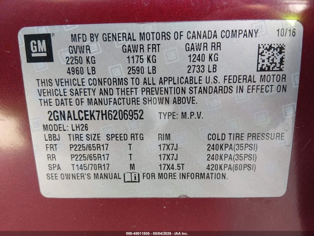 Aukcja sprzedaży 2017 Chevrolet Equinox Lt, vin: 2GNALCEK7H6206952, numer aukcji: 45011505