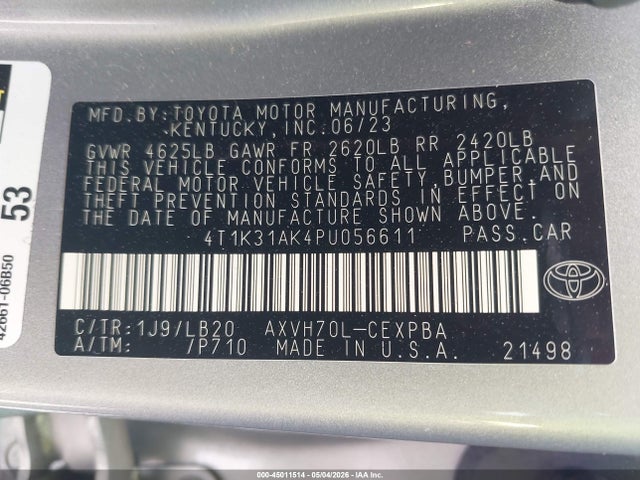 2023 Toyota Camry Xse Hybrid მანქანა იყიდება აუქციონზე, vin: 4T1K31AK4PU056611, აუქციონის ნომერი: 45011514