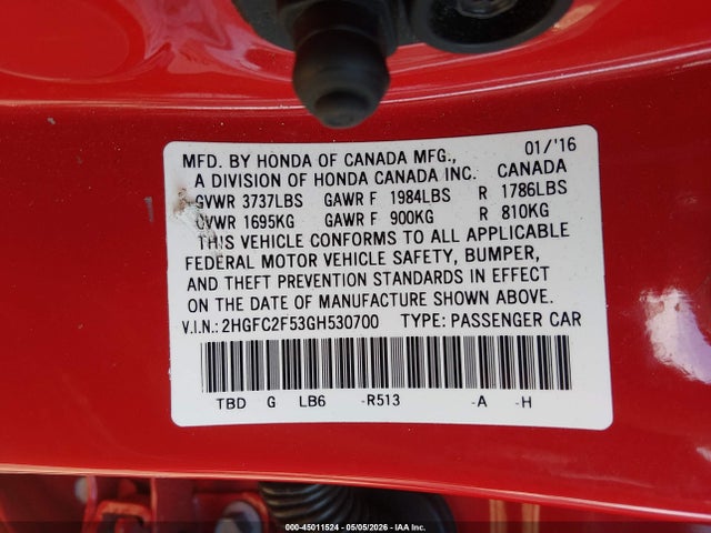 2016 Honda Civic Lx მანქანა იყიდება აუქციონზე, vin: 2HGFC2F53GH530700, აუქციონის ნომერი: 45011524