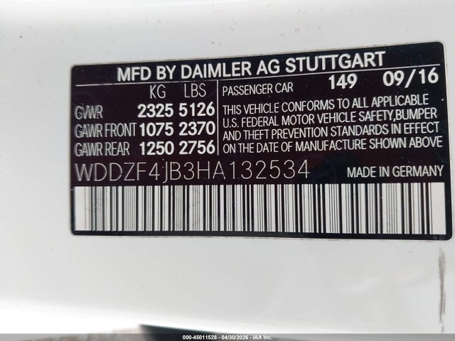 45011528 :رقم المزاد ، WDDZF4JB3HA132534 vin ، 2017 Mercedes-benz E 300 مزاد بيع