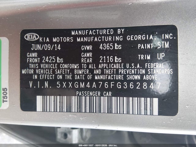 Продаж на аукціоні авто 2015 Kia Optima Lx, vin: 5XXGM4A76FG362847, номер лоту: 45011537
