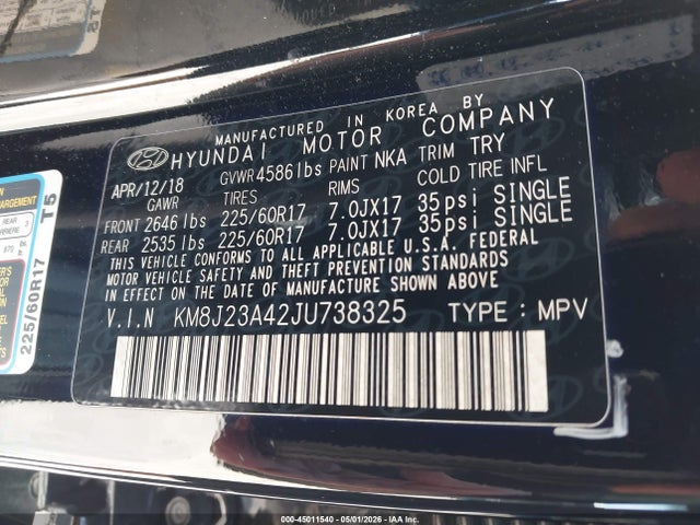 Продаж на аукціоні авто 2018 Hyundai Tucson Se, vin: KM8J23A42JU738325, номер лоту: 45011540