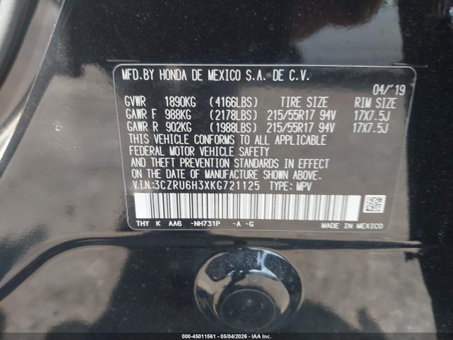 45011561 :رقم المزاد ، 3CZRU6H3XKG721125 vin ، 2019 Honda Hr-v Lx مزاد بيع
