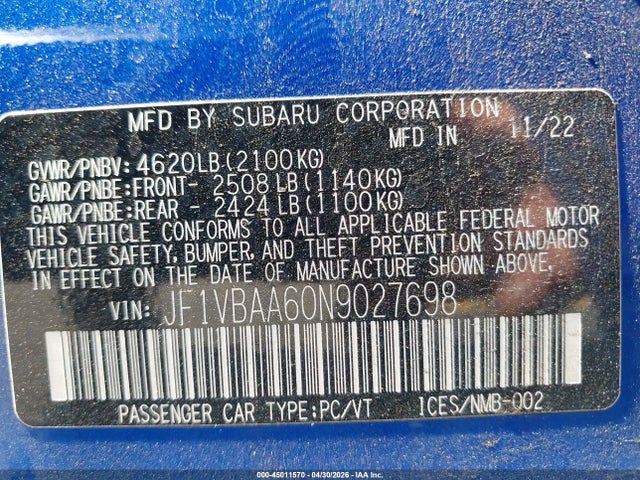 Aukcja sprzedaży 2022 Subaru Wrx, vin: JF1VBAA60N9027698, numer aukcji: 45011570