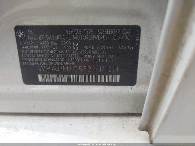 Aukcja sprzedaży 2011 Bmw 328i, vin: WBAPH7C53BA171214, numer aukcji: 45011578
