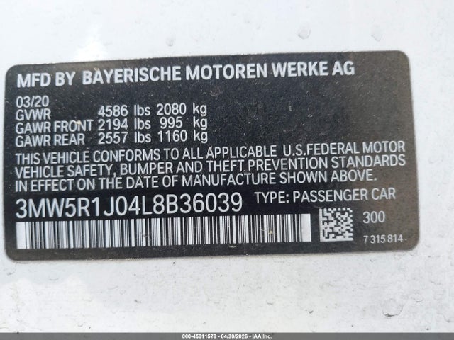 45011579 :رقم المزاد ، 3MW5R1J04L8B36039 vin ، 2020 Bmw 330i مزاد بيع