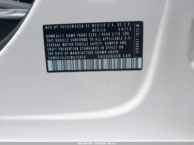 Aukcja sprzedaży 2012 Volkswagen Jetta 2.5l Se, vin: 3VWDX7AJ3CM424834, numer aukcji: 45011583