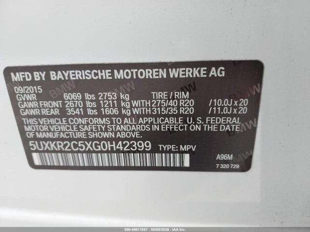 Aukcja sprzedaży 2016 Bmw X5 Sdrive35i, vin: 5UXKR2C5XG0H42399, numer aukcji: 45011587