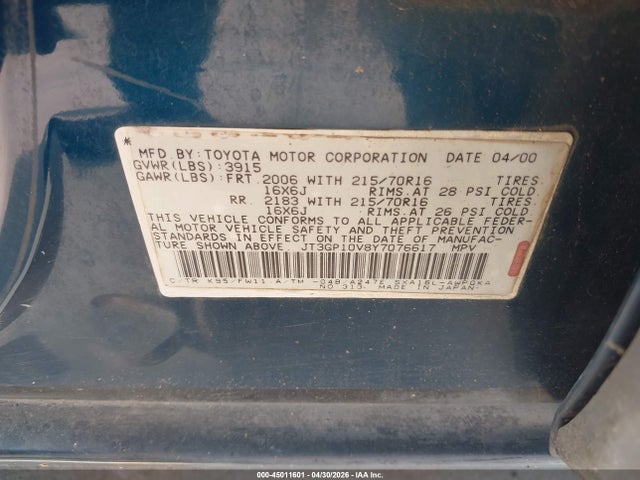 Продаж на аукціоні авто 2000 Toyota Rav4, vin: JT3GP10V8Y7076617, номер лоту: 45011601