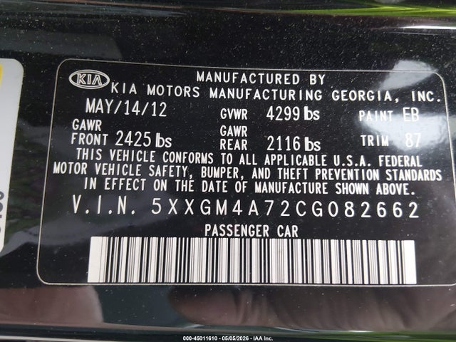 Auction sale of the 2012 Kia Optima Lx, vin: 5XXGM4A72CG082662, lot number: 45011610