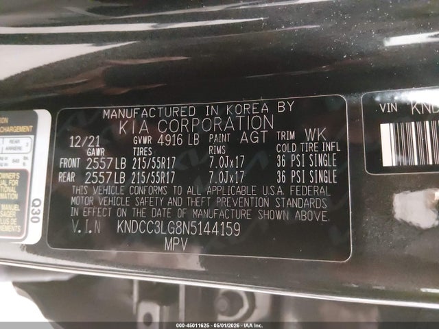 45011625 :رقم المزاد ، KNDCC3LG8N5144159 vin ، 2022 Kia Niro Ev Ex مزاد بيع