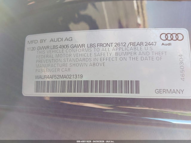 Aukcja sprzedaży 2021 Audi S5, vin: WAUR4AF52MA021319, numer aukcji: 45011629
