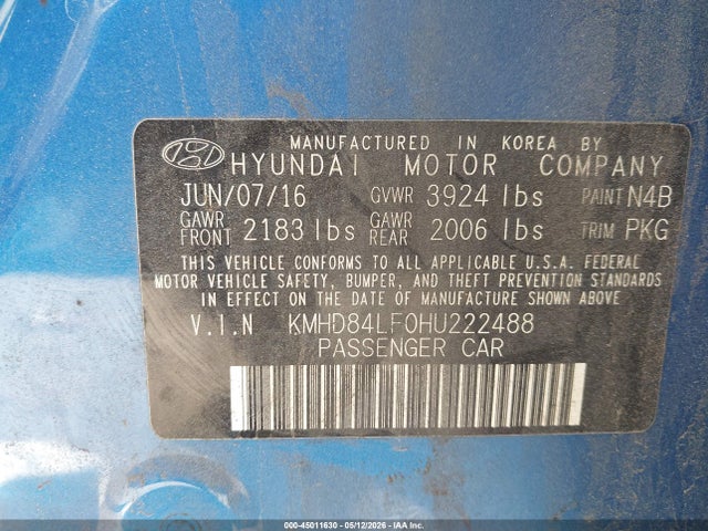 45011630 :رقم المزاد ، KMHD84LF0HU222488 vin ، 2017 Hyundai Elantra Se مزاد بيع