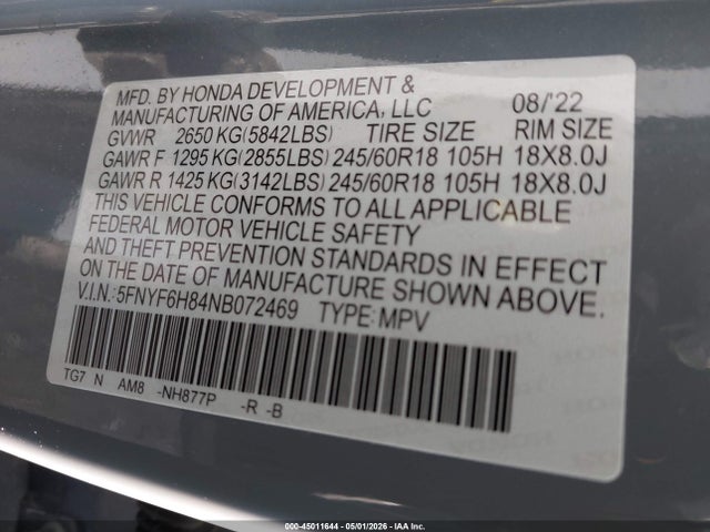 2022 Honda Pilot Awd Trailsport მანქანა იყიდება აუქციონზე, vin: 5FNYF6H84NB072469, აუქციონის ნომერი: 45011644