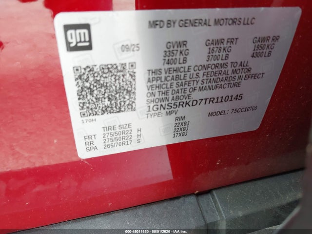 45011650 :رقم المزاد ، 1GNS5RKD7TR110145 vin ، 2026 Chevrolet Tahoe 2wd Rst مزاد بيع