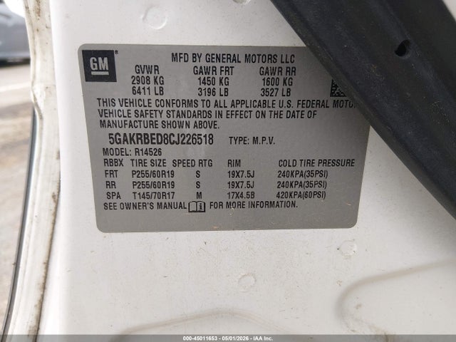 45011653 :رقم المزاد ، 5GAKRBED8CJ226518 vin ، 2012 Buick Enclave Convenience مزاد بيع
