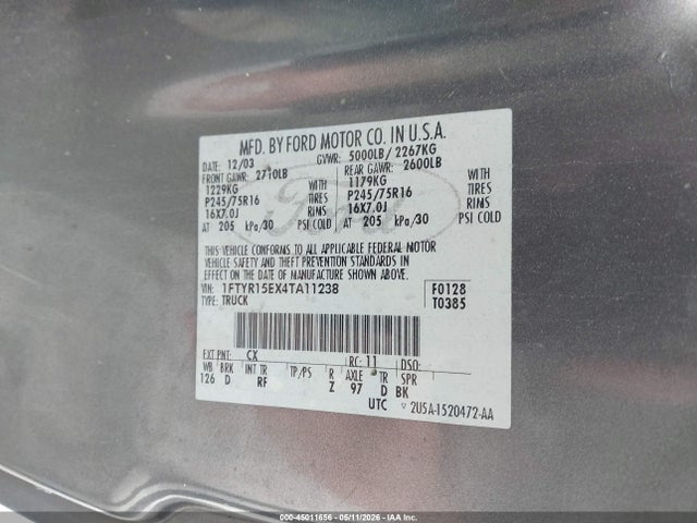 45011656 :رقم المزاد ، 1FTYR15EX4TA11238 vin ، 2004 Ford Ranger Xlt مزاد بيع