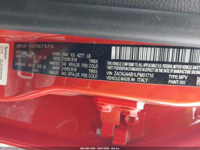 Aukcja sprzedaży 2020 Jeep Renegade Sport Fwd, vin: ZACNJAAB1LPM01710, numer aukcji: 45011660