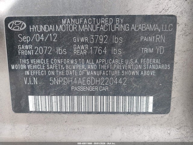 45011666 :رقم المزاد ، 5NPDH4AE6DH220442 vin ، 2013 Hyundai Elantra Gls/limited مزاد بيع