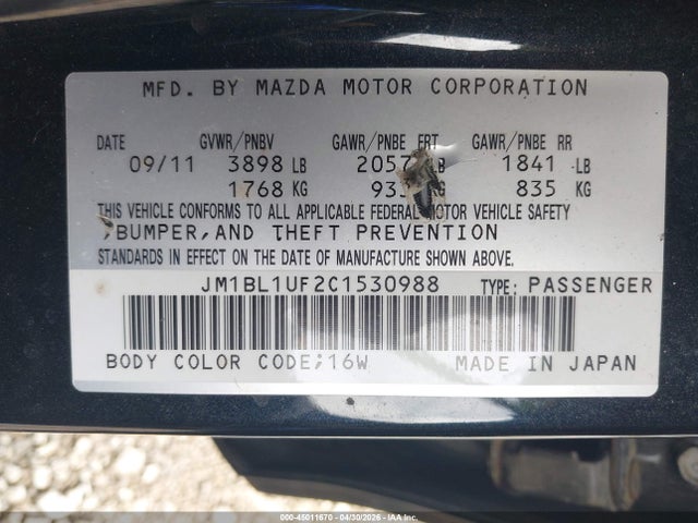 Продажа на аукционе авто 2012 Mazda Mazda3 I Sport, vin: JM1BL1UF2C1530988, номер лота: 45011670