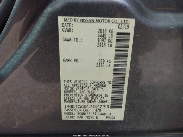 2019 Nissan Altima 2.5 Sr მანქანა იყიდება აუქციონზე, vin: 1N4BL4CW1KC202733, აუქციონის ნომერი: 45011671