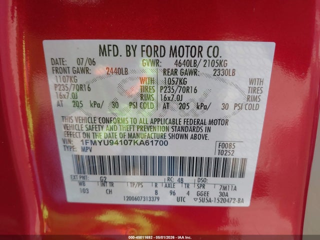 Aukcja sprzedaży 2007 Ford Escape Limited, vin: 1FMYU94107KA61700, numer aukcji: 45011692