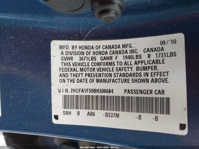 2011 Honda Civic Lx მანქანა იყიდება აუქციონზე, vin: 2HGFA1F59BH506684, აუქციონის ნომერი: 45011694