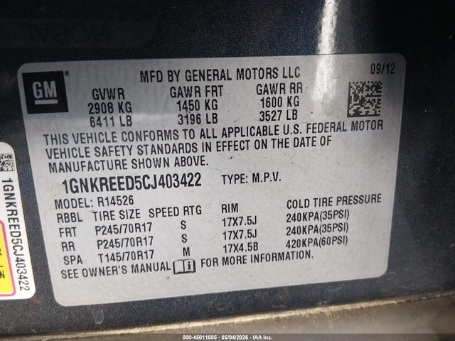 Aukcja sprzedaży 2012 Chevrolet Traverse Ls, vin: 1GNKREED5CJ403422, numer aukcji: 45011695