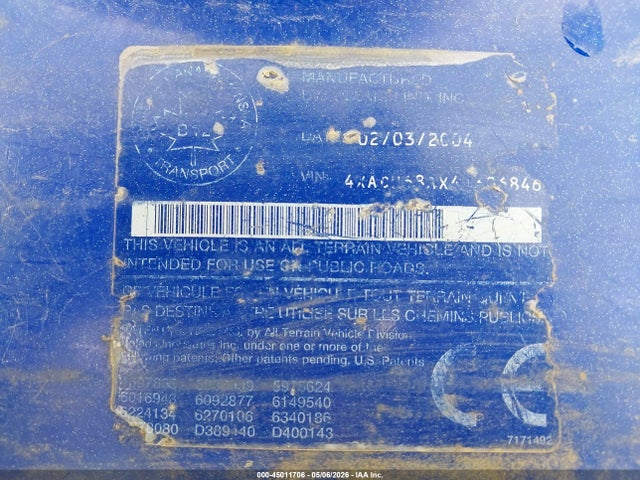 2004 Polaris Sportsman 700 მანქანა იყიდება აუქციონზე, vin: 4XACH68AX4A306846, აუქციონის ნომერი: 45011706