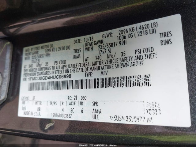 Aukcja sprzedaży 2017 Ford Escape Se, vin: 1FMCU0GD4HUC06898, numer aukcji: 45011707