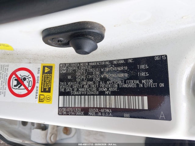 Toyota Highlander Xle V6 2015 5TDKKRFH1FS094058 Image 9