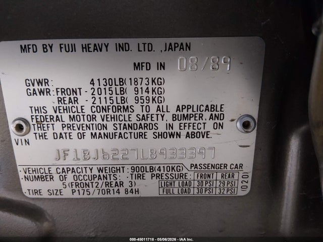 45011718 :رقم المزاد ، JF1BJ6227LB933397 vin ، 1990 Subaru Legacy مزاد بيع