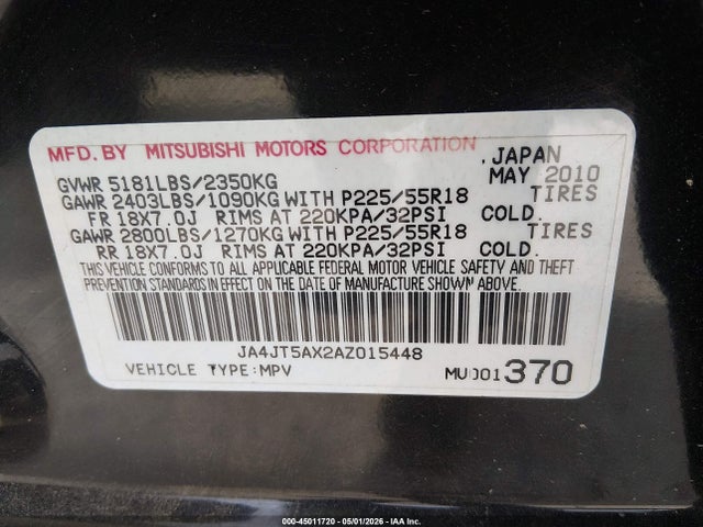 Продажа на аукционе авто 2010 Mitsubishi Outlander Gt, vin: JA4JT5AX2AZ015448, номер лота: 45011720