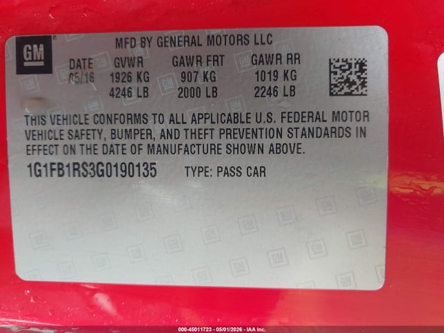 Продажа на аукционе авто 2016 Chevrolet Camaro 1lt, vin: 1G1FB1RS3G0190135, номер лота: 45011723