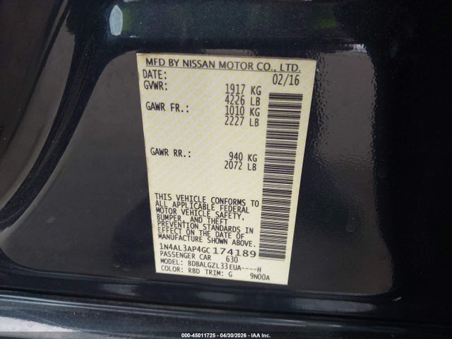 Продажа на аукционе авто 2016 Nissan Altima 2.5 S, vin: 1N4AL3AP4GC174189, номер лота: 45011725