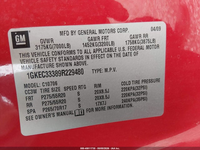 Продаж на аукціоні авто 2009 Gmc Yukon Slt2, vin: 1GKEC33389R229480, номер лоту: 45011735
