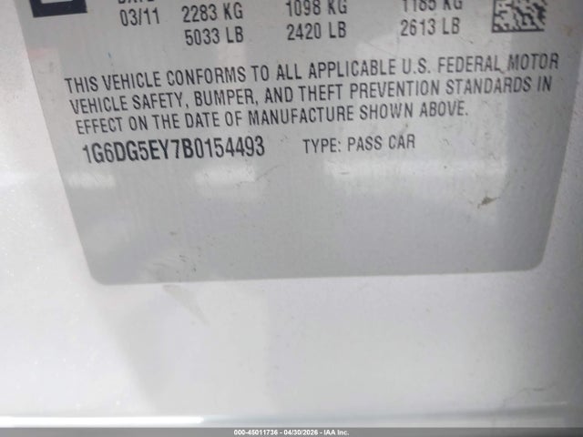 45011736 :رقم المزاد ، 1G6DG5EY7B0154493 vin ، 2011 Cadillac Cts Luxury مزاد بيع