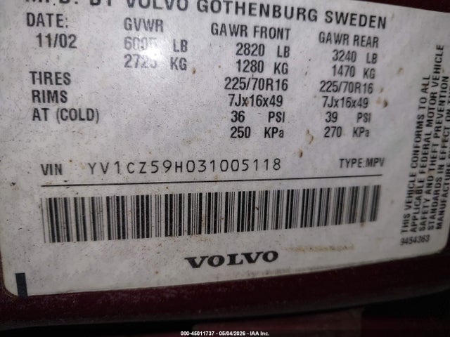 Aukcja sprzedaży 2003 Volvo Xc90 2.5t, vin: YV1CZ59H031005118, numer aukcji: 45011737