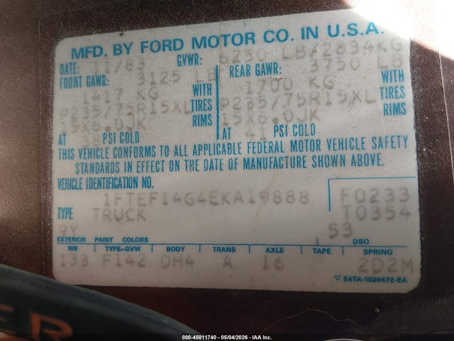 Продажа на аукционе авто 1984 Ford F150, vin: 1FTEF14G4EKA19888, номер лота: 45011740