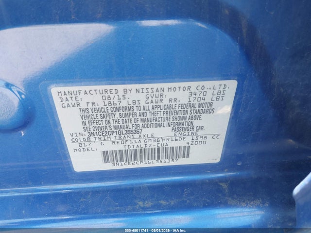 Продажа на аукционе авто 2016 Nissan Versa Note S (sr)/s Plus/sl/sr/sv, vin: 3N1CE2CP1GL355357, номер лота: 45011741